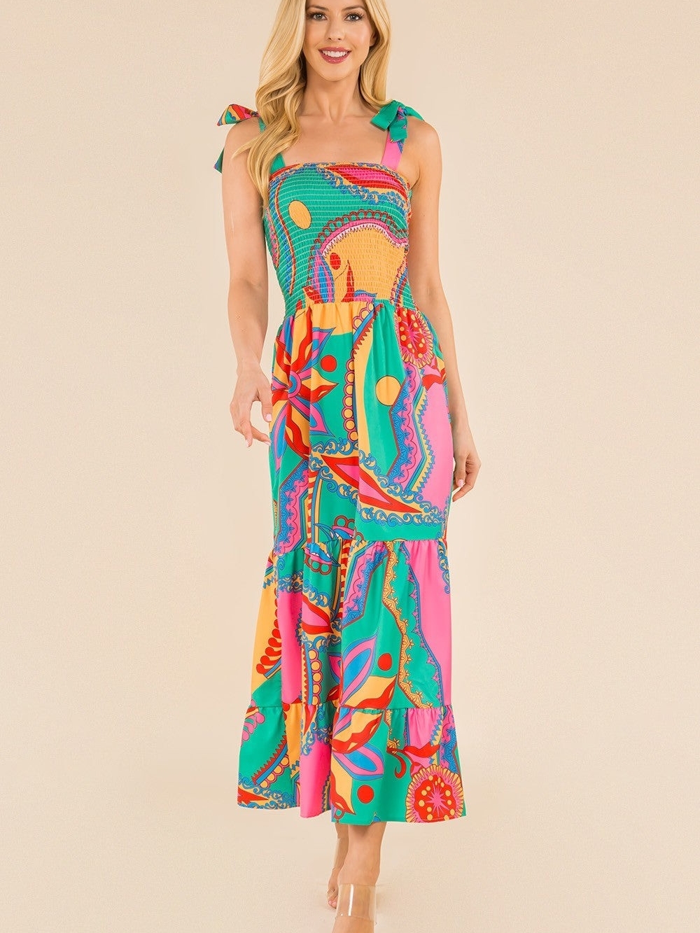 Sunday Up Tie-Shoulder Maxi Dress Size L Tropical Jungle Smocked Tiered Ruffle